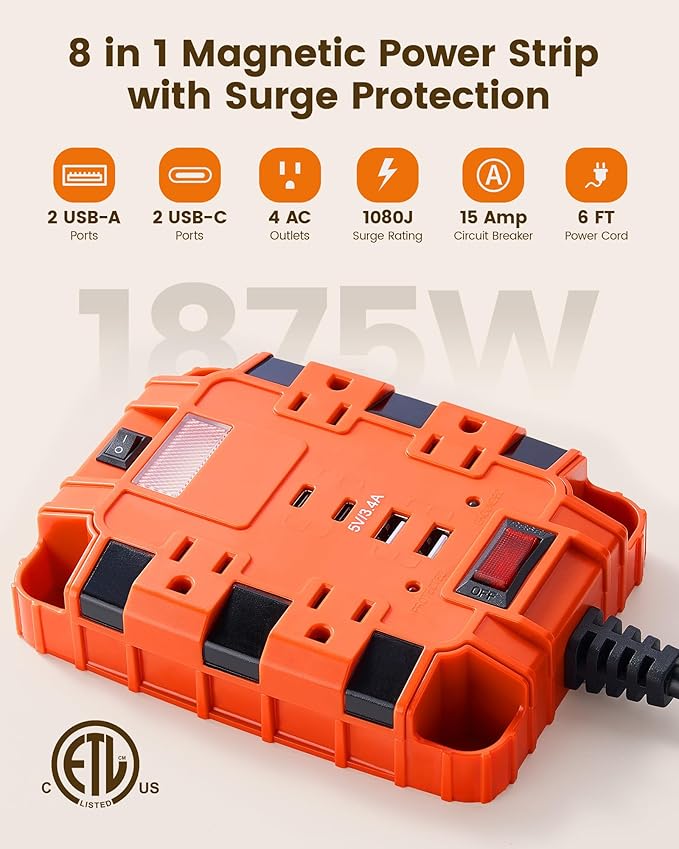 SURAIELEC Magnetic Power Strip with 1080J Surge Protection, 4 AC Outlets, 2 USB-A & 2 USB-C Ports, Heavy-Duty 6 Ft Extension Cord with Dual Magnets & 4 Mounting Holes, ETL Listed
