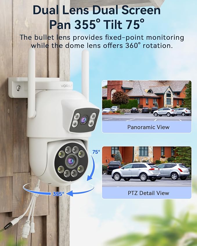 VORGUT Security Camera System Wireless Outdoor with 12" Monitor, 4pcs 2K Dual Lens Cameras for Home & Business Surveillance, 360° PTZ, 2.4G/5G WiFi, Human Detection, Auto Tracking, 16CH NVR, 500G HDD