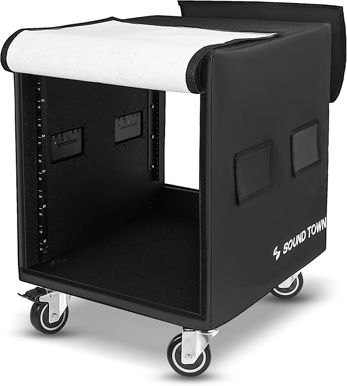 Sound Town 12U PA/DJ Rack/Road Case with 12-Space, Industry-Grade 0.7" (18mm) Plywood with Polyurea Coating, Rain Cover, Casters, 21.7" Rackable Depth - Pro Tour Grade (STRCP-12UW)