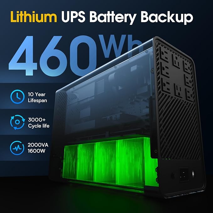 GOLDENMATE 2000VA/1600W Lithium UPS Battery Backup and Surge Protector, Backup Battery Power Supply with LiFePO4 Batteries(460Wh), AVR, Line Interactive Sinewave UPS System, 8 Outlets, LCD Display