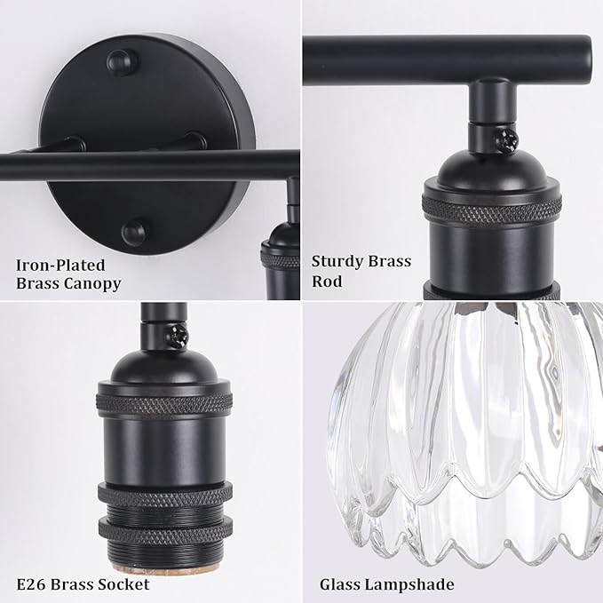 Shenmoyl Bathroom Light Fixtures, 2-Light Black Vanity Wall Light Over Mirror with Clear Tulip Glass Shade for Bedroom Living Room (Bulb Not Included)