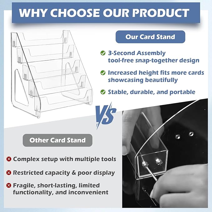 CELSOL Upgraded 5 Tier Acrylic Card Display Stand, Clear Display for Greeting Cards, Sports Cards, Postcards, Stickers & Brochures, Easy Snap-On, Increased Height & Thickness for Better Presentation