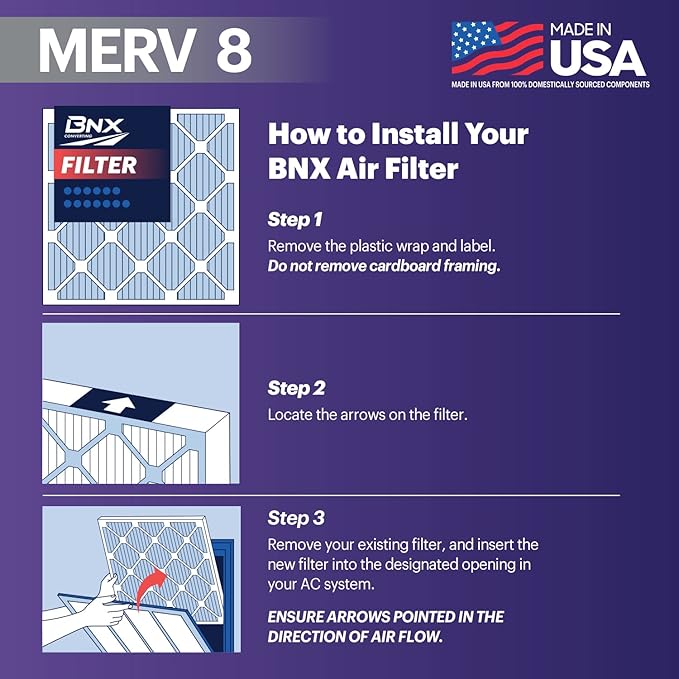 BNX TruFilter 16x25x1 Air Filter MERV 8 (6-Pack) - MADE IN USA – Dust & Pet Defense Electrostatic Pleated Air Conditioner HVAC AC Furnace Filters for Dust, Pet, Mold, Pollen MPR 600 – 700 & FPR 5