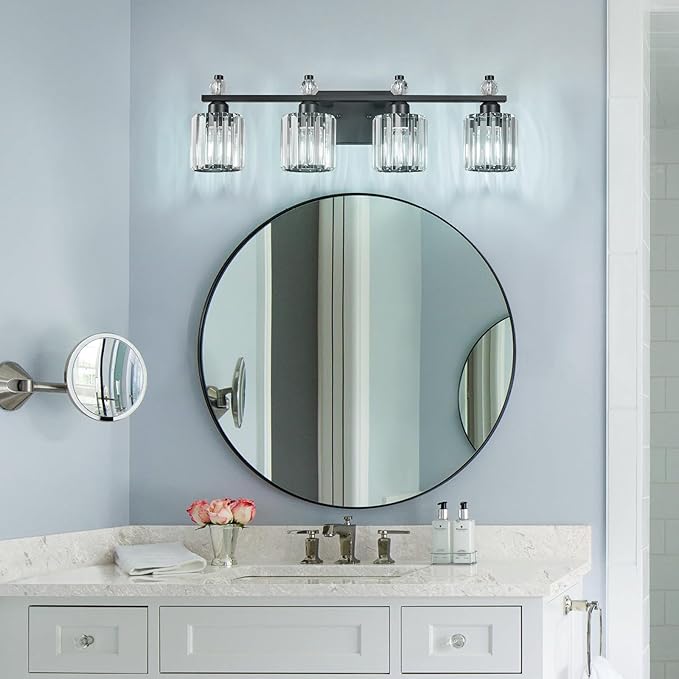 FDPBY Bathroom Vanity Lights 4-Light Sand Black Modern Crystal Vanity Light Fixtures Over Mirror Crystal Bathroom Vanity Lighting Fixtures