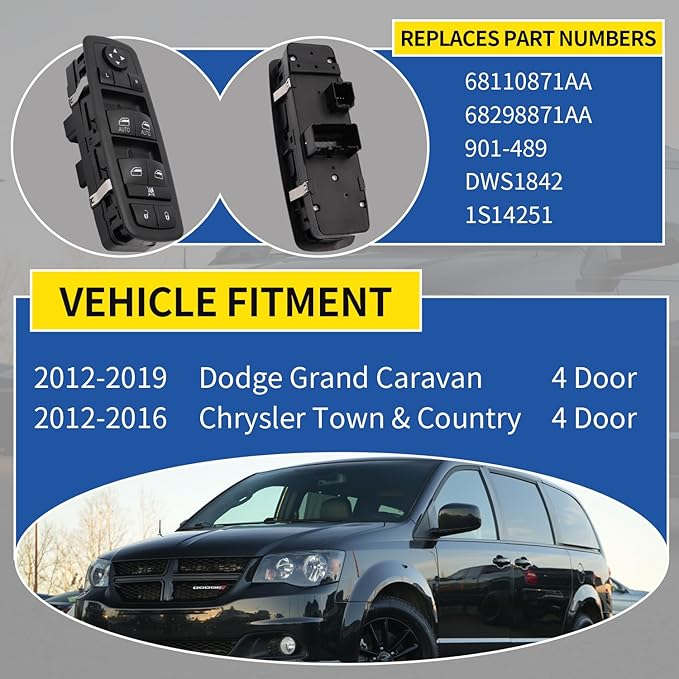 AMICAREP Master Power Window Switch Driver Side Compatible with 2012-2019 Dodge Grand Caravan Chrysler Town & Country 3+0 Pin Replaces# 68110871AA 68298871AA