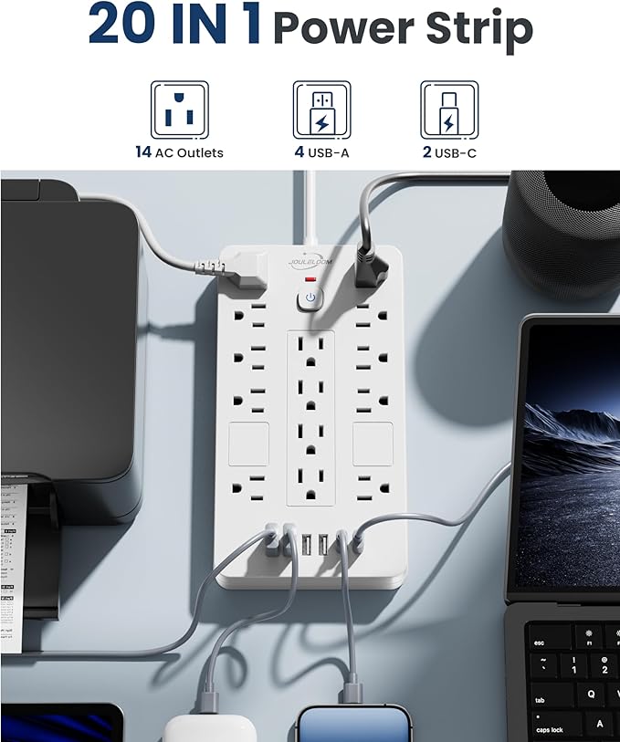 JouleLoom Surge Protector Power Strip-14 Outlets and 6 USB Ports, 10 Feet Flat Plug Extension Cord, 1850 Joules, White, ETL Listed for Home, Office, Dorm Room
