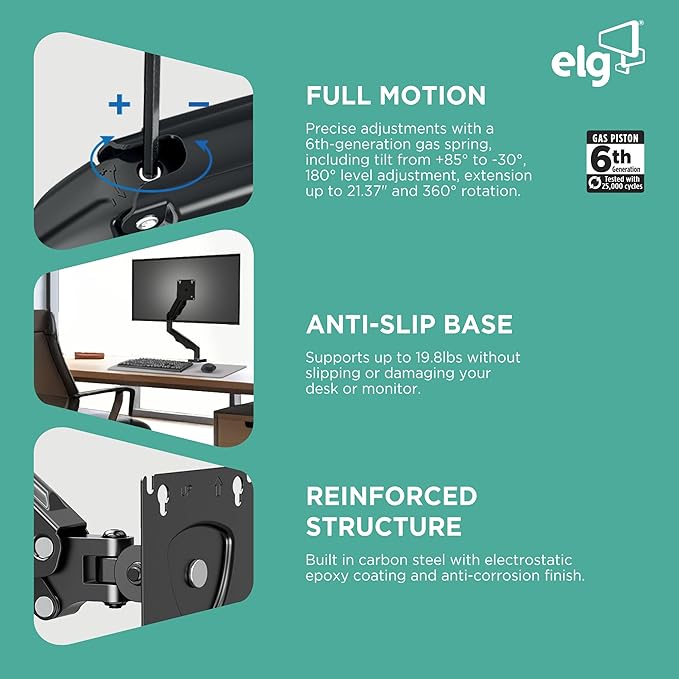 ELG Full Motion Swivel Single Monitor Desk Mount Stand: Empower Your Workspace with Unmatched Flexibility for 17” to 35'' Displays (4.4lbs to 19.8lbs Load) - F80N Model in Striking Black