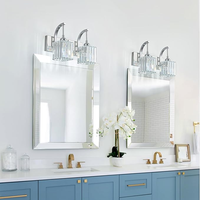 FDPBY Crystal Vanity Lights 2-Light Chrome Wall Lamp Modern Crystal Bathroom Light Fixtures Over Mirror 13.77" Long Bathroom Wall Sconce
