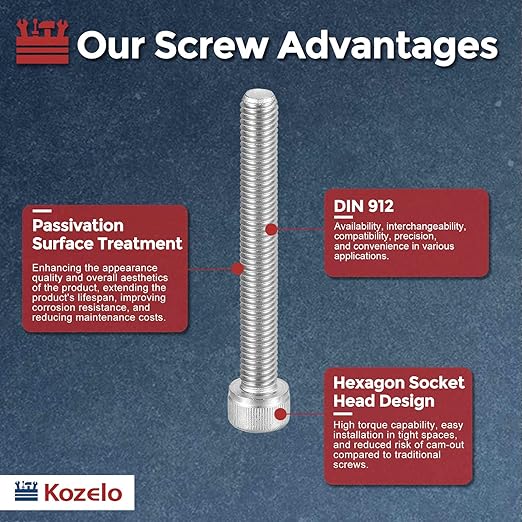 Kozelo 6pcs Socket Head Cap Screws - [M8-1.25 x 65mm] 304 Stainless Steel Allen Socket Drive for Electrical Motor 3D Printing Fan Engine Replacement Use, Silver