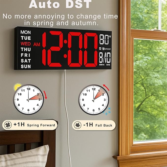 TrophyRak 16" Large Digital Wall Mount Clock, Count Down Timer, Alarm, Big LED, RGB Color, DST, Temperature for Living Room Classroom Desk, Wall, Xmas, Birthday Gift for Senior Mom Dad, Red White