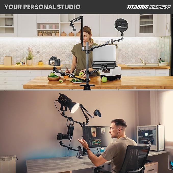 TARION Overhead Camera Desk Mount: 4-in-1 Heavy Duty Mount Set with 1 Mic Boom Stand + 3 Articulating Arms for DSLR Cameras Ring Light Monitor Laptop - Live Stream Stand TitanRig Desk