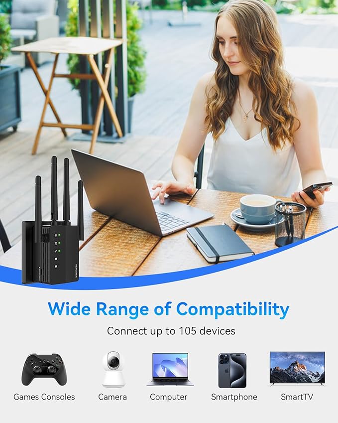 WiFi Extender Signal Booster, 1200Mbps WiFi Booster, Long Range up to 12880 Sq Ft, 105 Devices, 2.4/5GHz Internet Extender WiFi Booster with Ethernet Port(Black)