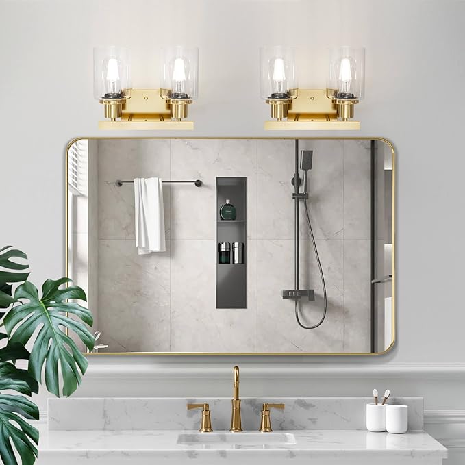 DIKAIDA 2-Light Brushed Gold Vanity Lights for Bathroom, Brushed Gold Bathroom Light Fixtures, Modern Vanity Lighting Over Mirror with Clear Glass Shade, Farmhouse Bath Wall Lamp for Mirror