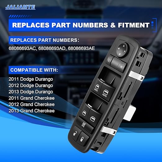JALIAMTE 68086693AC Master Power Window Switch, Window Control Switch 8+3 Pins Driver Side Power Switch Compatible with 2011-2013 Dodge Durango/Grand Cherokee, Replaces OE# 68086693AD, 68086693AE