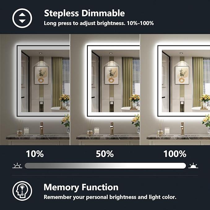 YEELAIT 40x36 Inch LED Bathroom Mirror with Lights (Front Lit and Backlit) Black Framed Lighted Vanity Mirror for Bathroom Wall Dimmable Anti-Fog Memory Tempered Glass Horizontal/Vertical