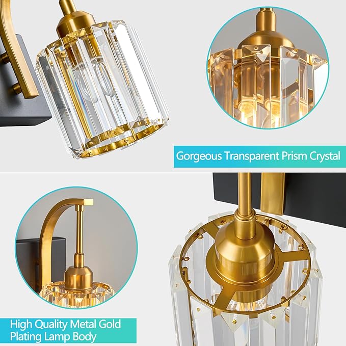 FDPBY Wall Sconces, Set of 2 Black Gold Crystal Vanity Lights, Modern Wall Lamp for Bathroom, Hallway, and Makeup, Easy Installation