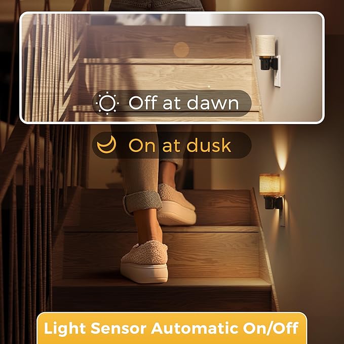 L LOHAS LED Night Lights Plug into Wall, 2 Pack Linen Fabric Cylinder Decor Night Light, Dusk to Dawn Sensor Vintage Nightlight, 0-100LM Dimmable, for Bedroom Living Room Hallway