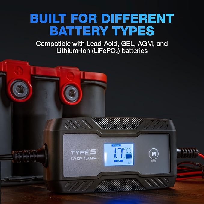 Type S 10A Smart Battery Charger & Maintainer, 6V & 12V Fully Automatic Trickle Charger, Jump Start Assist Battery Recovery Mode Auto-Voltage Detection Safe Charging for Cars Motorcycles ATVs Boats