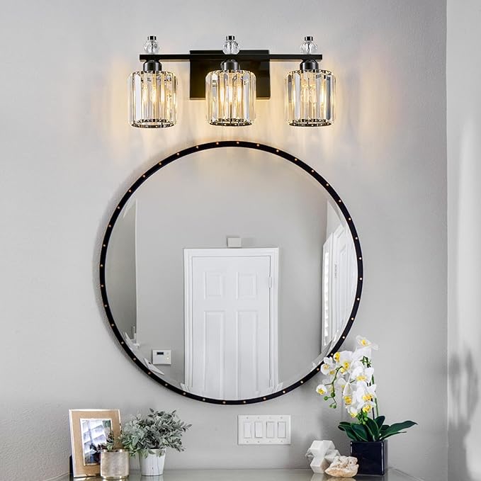 FDPBY Bathroom Vanity Lights 3-Light Plating Black Modern Crystal Vanity Light Fixtures Over Mirror Crystal Bathroom Vanity Lighting Fixtures
