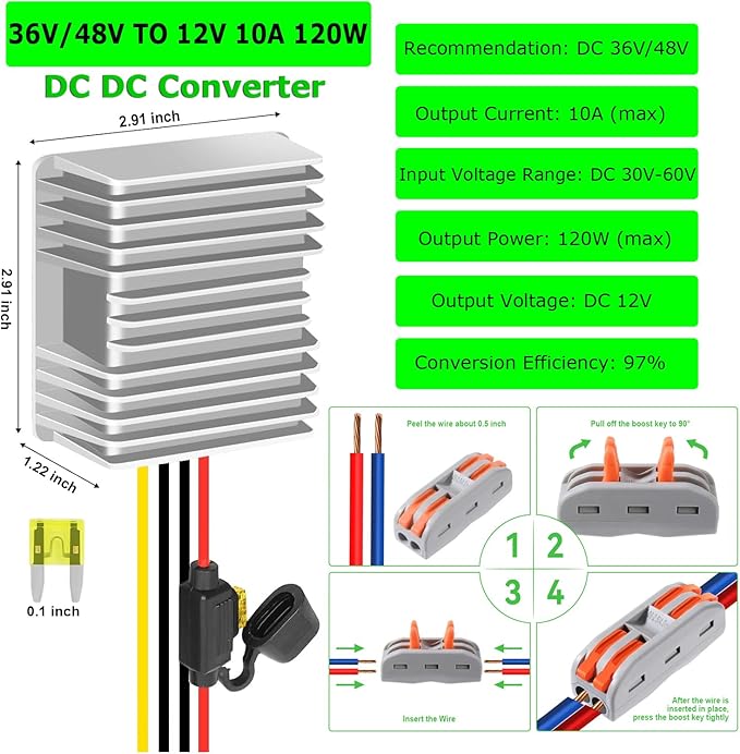 EAGWELL 48V to 12V Converter 10A 120W Golf Cart 48V 36V to 12V Converter Voltage Regulator Reducer Transformer with Fuse Power Supply for Golf Carts Scooters RVs Boats