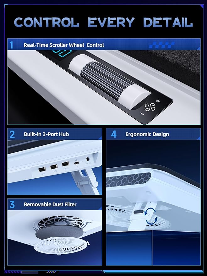 llano V12 Laptop Cooling Pad with 5.5" Turbofan – High-Speed Cooling for 15-19 Inch Gaming Laptops, Adjustable Speed & Touch Control, 3-Port USB Hub, with Mousepad, White (No RGB)