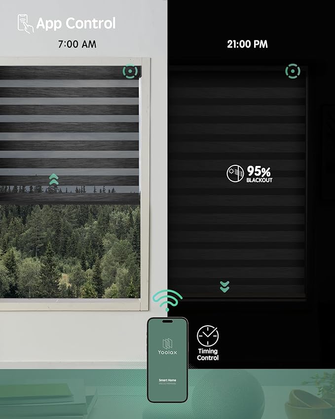 Yoolax Motorized Zebra Blinds Works with Alexa, Motorized Blinds with Remote Custom Size, Privacy Electric Zebra Shades for Windows (95% Shading Carbon Black)
