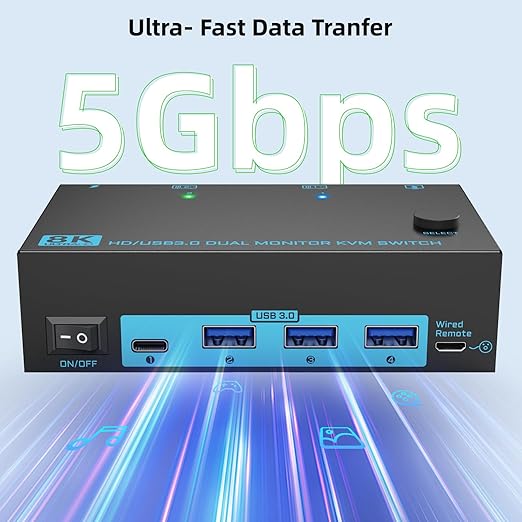 8K Dual Monitor KVM Switch Dual HDMI 2.1 2 Monitors 2 Computers 2 in 2 Out 4 Port USB 3.0 8K@60Hz/4K@120Hz KVM Switches， Wired Desktop Controller & 2 USB 3.0 Cables Included