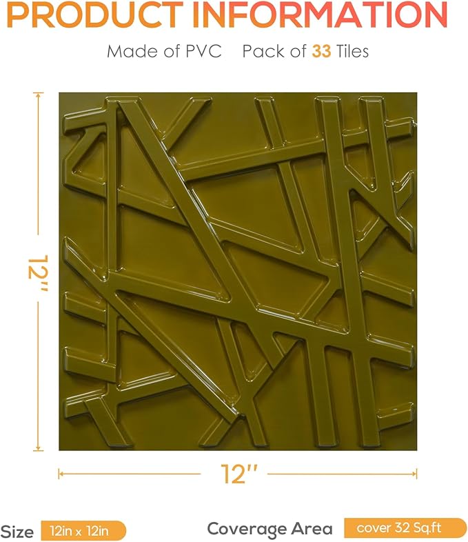 LEVOWAY 3D Wall Panels for Interior Wall Decor, 11.8''x11.8'' 33 Pack Accent Textured Wall Panels for Living Room, Gaming Room, TV Background, Cover 32 Sq.Ft (Brushed Gold)