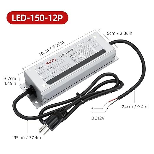 12 Volt LED Driver 150 Watts Waterproof IP68 Power Supply Low Voltage Transformer Adapter 90-265V AC to 12V DC 12.5A Converter for LED Strip, Indoor Outdoor Lighting Built-in Active PFC Function