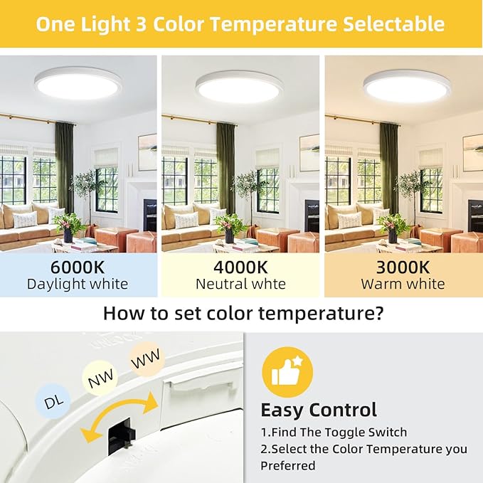 RLEDPZTX Led Flush Mount Ceiling Light,16 Inch 32w 3480lm,3000k/4000k/6000k 3CCT Selectable, Round Modern Flat Panel Super Slim Led Ceiling Light,for Living Dining Kitchen Bedroom Room (4Pack-White)