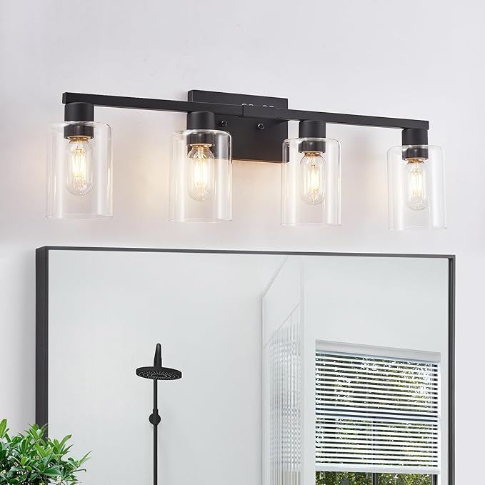 SOPEAS 4 Light Bathroom Vanity Light Fixtures, Black Farmhouse Bathroom Vanity Light with Clear Glass Shade, Bathroom Lighting Fixtures Over Mirror, Vanity Lights for Bathroom Mirror