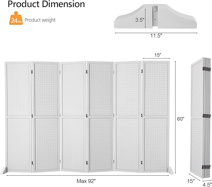 Bonnlo 4/6 Panel Pegboard Freestanding, 5 FT Portable Display Board Organizer for Craft Show Jewelry, Wooden Folding Privacy Screen Room Divider (White, 6 Panel with Base)