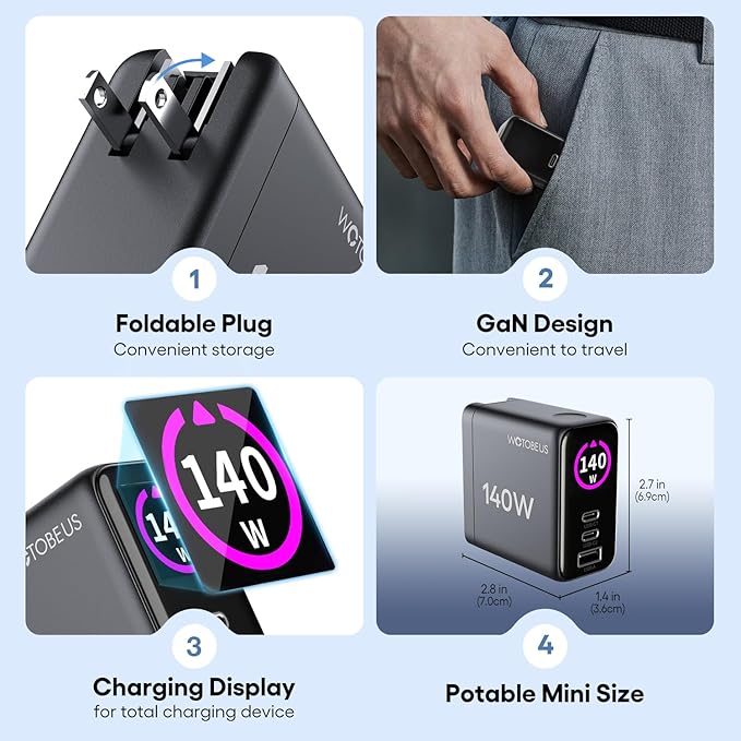 WOTOBEUS GaN Dual 140W USB C PD 3.1 Wall Charger with LED Display - PPS 100W 65W 45W 25W Type-C Laptop Power Adapter and Cable - Fit for MacBook Pro iPhone 17 16 15 iPad Galaxy S25 S24 Pixel - ETL