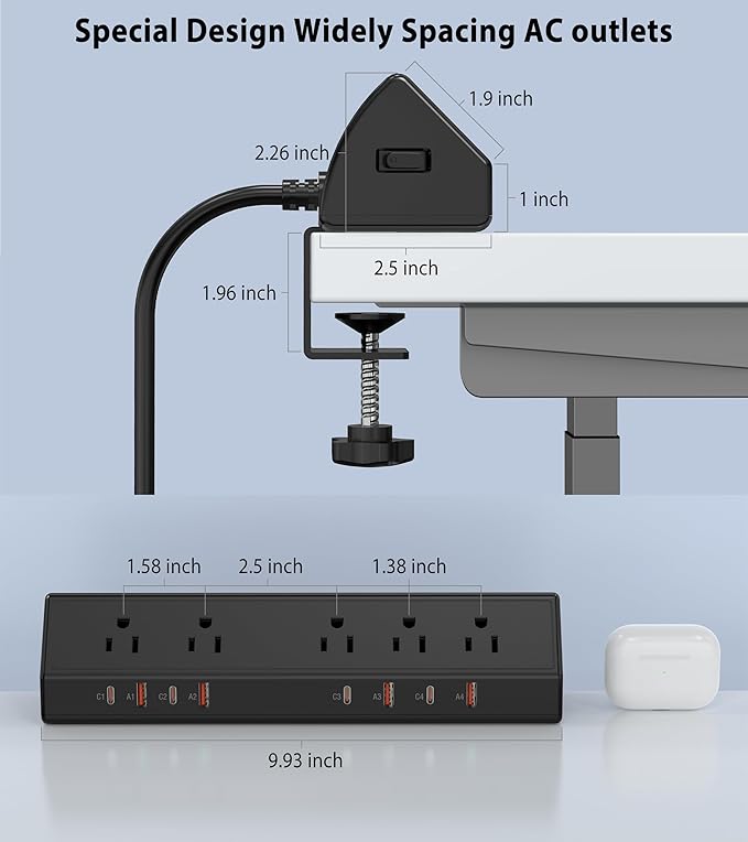 Desk Clamp Power Strip 65W Fast Charging Station,4 PD USB-C,5 Outlets,Nightstand Desk Edge Mount Tower Surge Protector,15 Amp Heavy Duty Power Strip,Fits 1.96" Tabletop Edge (Black, 6 FT Cable)