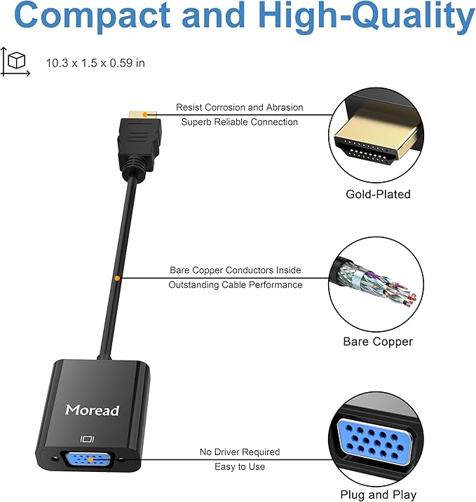 Moread HDMI to VGA, 5 Pack, Uni-Directional Gold-Plated HDMI to VGA Adapter (Male to Female) for Computer, Desktop, Laptop, PC, Monitor, Projector, HDTV, Chromebook, Raspberry Pi, Xbox and More