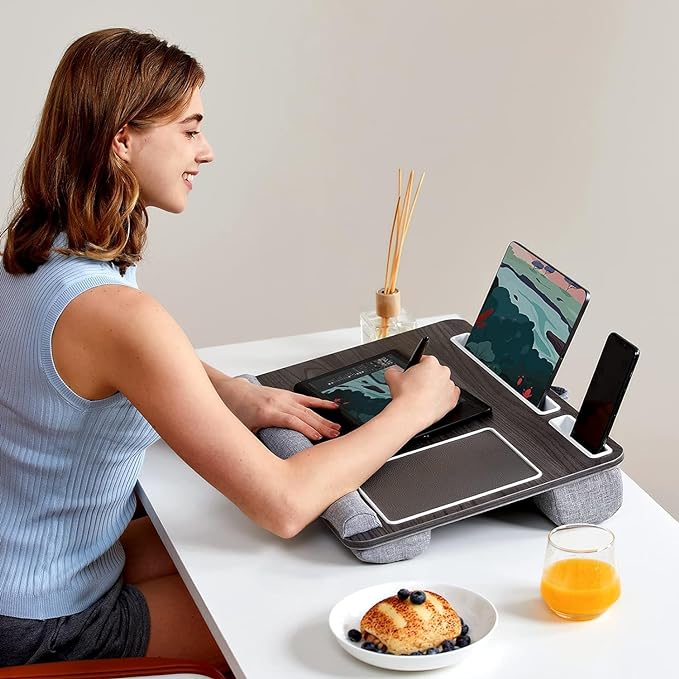 HUANUO Lap Desk - Fits up to 17 inches Laptop Desk, Built in Mouse Pad & Wrist Pad for Notebook, Laptop, Tablet, Lap Stand with Tablet, Pen & Phone Holder, Black Woodgrain