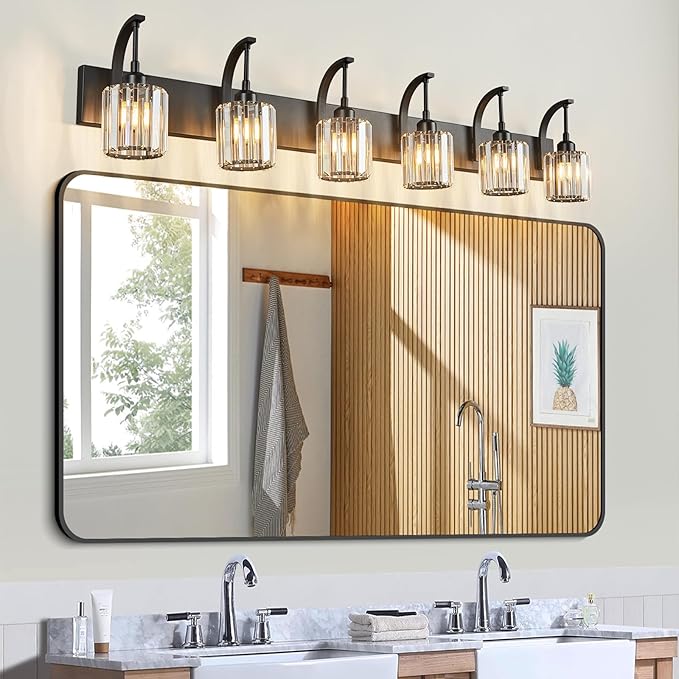 FDPBY 6-Light Crystal Vanity Light, Black Modern Wall Sconce with K9 Crystal Shades, 51.18" Long Over Mirror Lighting for Bathroom, Makeup, Hallway, Elegant & Easy Install
