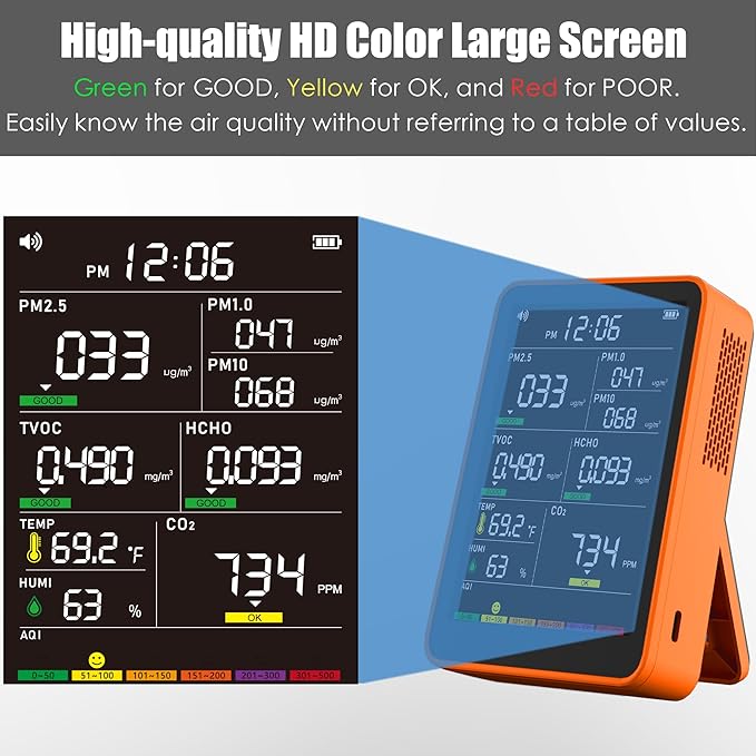 Professional Indoor Air Quality Monitor with AQI Alarms, Portable Real-Time Detector for Home Cars Plants and Pets (Amber Orange)