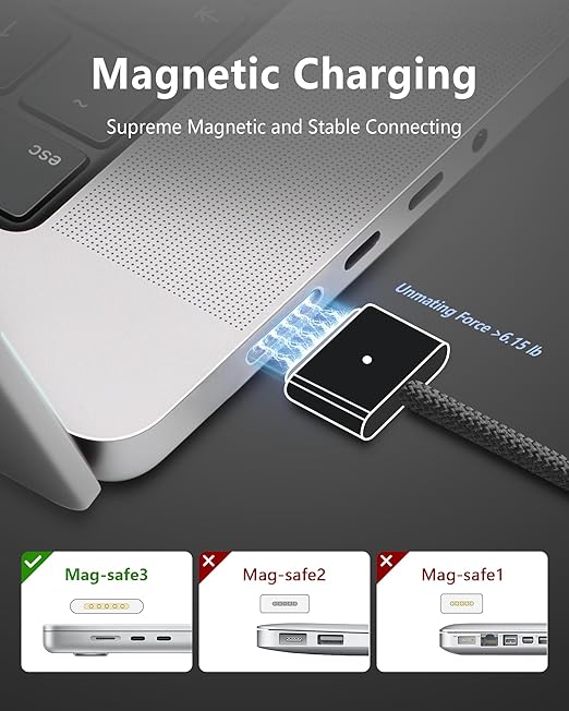 ZeitNah Upgraded USB-C to Magnetic Charging Cable for MacBook Pro/Air (2021-2025), 140W Fast Charging, 6.6ft Braided Replacement Power Cord for MacBook Charger, Black