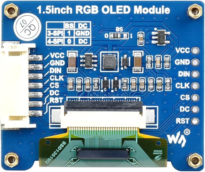 waveshare 1.5inch RGB OLED Display Module 128x128 Pixels 16-bit High Color (65K Colors) with Embedded Controller Communicating via SPI Interface.