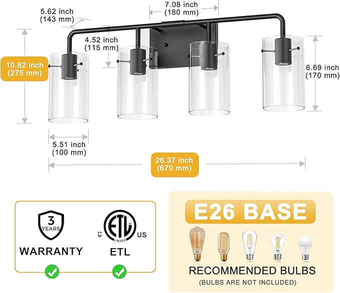 L LOHAS LED 4-Light Bathroom Light Fixtures, 26.37" Black Bathroom Vanity Light with Straight Glass Shades, Modern Vanity Lights for Mirror Living Room Hallway, E26, ETL Listed