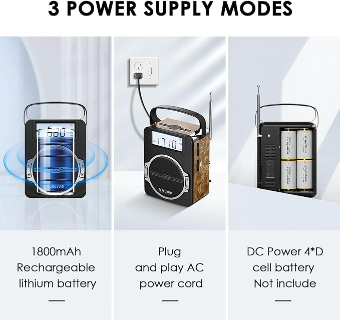 JEUJUG Radio Portable AM FM Digital Radios Clock Radio with Bluetooth 5 Watts Loud Speaker Rechargeable AM FM Radios Plug in Wall Battery Operated Best Reception for Home Outdoor Great Retro