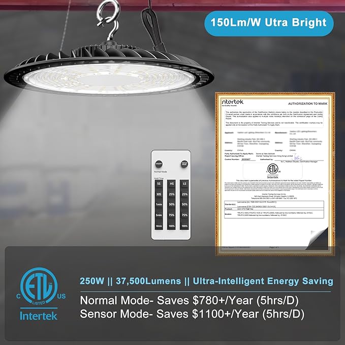 Lightdot Smart 250W High Bay LED Shop Lights 37,500LM High Bay Lights with Controller (Supports Normal Mode & Motion Sensor Mode) ETL-Listed US Plug for 30-40FT Height-6Yrs Warranty-4Pack