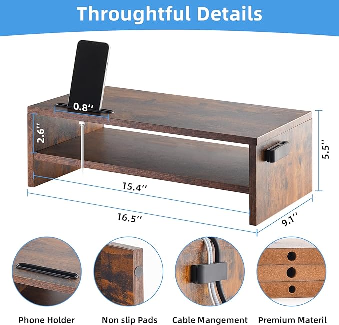 Marbrasse 16.5 Inch Monitor Stand, 2 Tier Computer Monitor Riser with Printer Shelf, Laptop Computer Screen Storage, Desktop Stand - Phone Holder & Cable Management (Vintage)