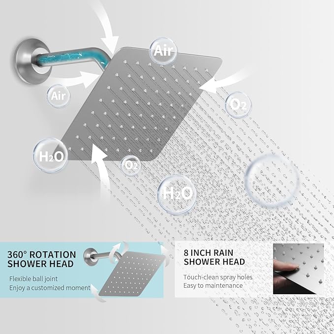 KATAIS Digital Tempreature Display Full Body Shower System Wall Mounted 8 Inch Rain Shower System with 6 PCS Body Jets, Handheld Spray, Brushed Nickel Shower Fixtures