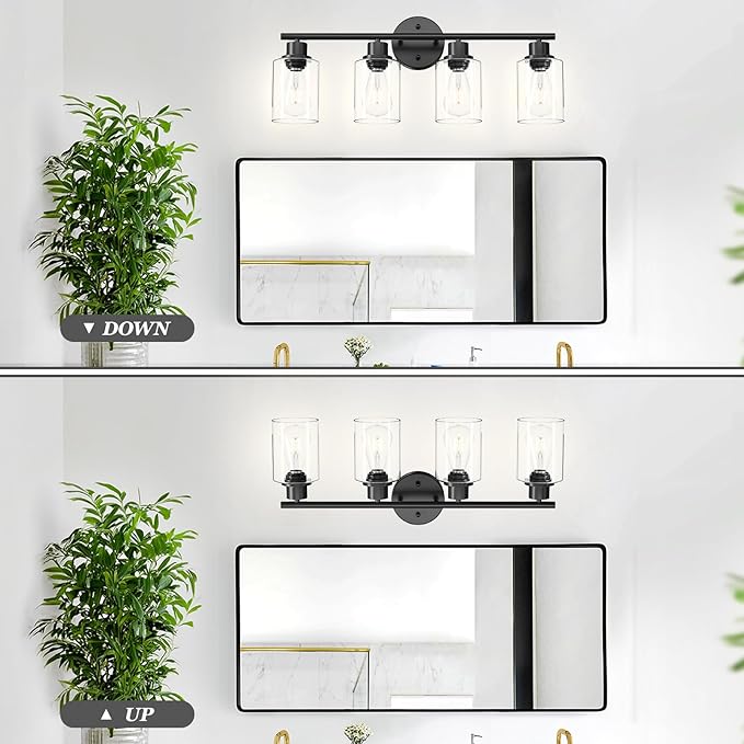 Guliaofo 4-Light Black Bathroom Light Fixtures, E26 Modern Vanity Lights for Bathroom with Clear Glass Shade, Wall Lamps for Mirror Hallway Kitchen Cabinet Living Room Sconces Lights