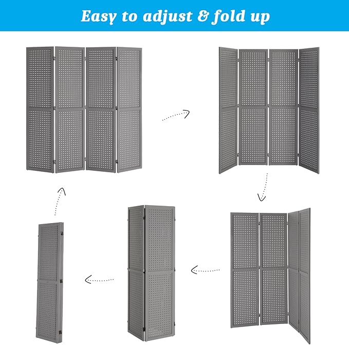 Bonnlo 4 Panel Pegboard Freestanding, 5 FT Portable Display Board Organizer for Craft Show Jewelry, Wooden Folding Privacy Screen Room Divider (with Base, Grey)