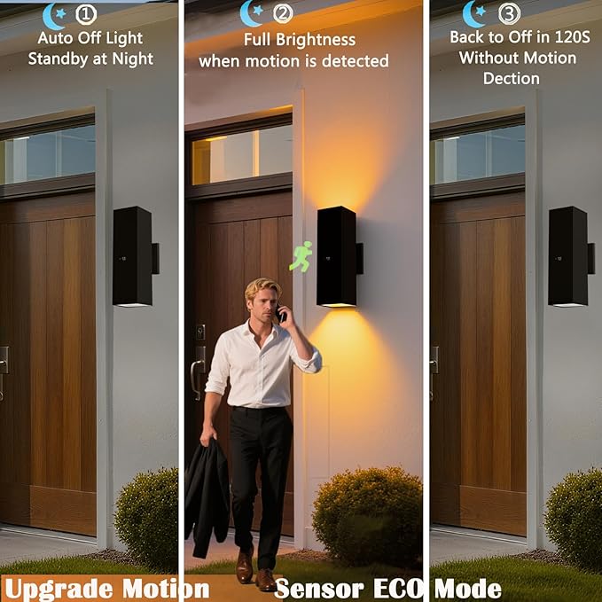 rosykite Motion Sensor Outdoor Wall Lights, Dusk to Dawn Exterior Wall Mount Light Fixtures with 3 Modes, Waterproof Up Down Porch Lights for House, Garage, Patio, Entryway, Matte Black