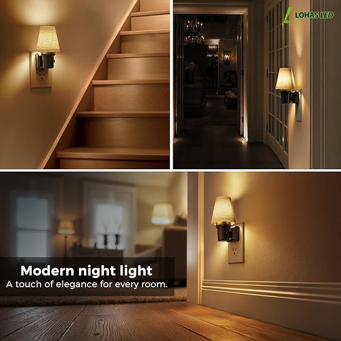 L LOHAS LED Night Lights Plug into Wall, 2 Pack Linen Fabric Round Platform Decor Night Light, Dusk to Dawn Sensor Vintage Nightlight, 0-100LM Dimmable, for Bedroom Living Room Hallway