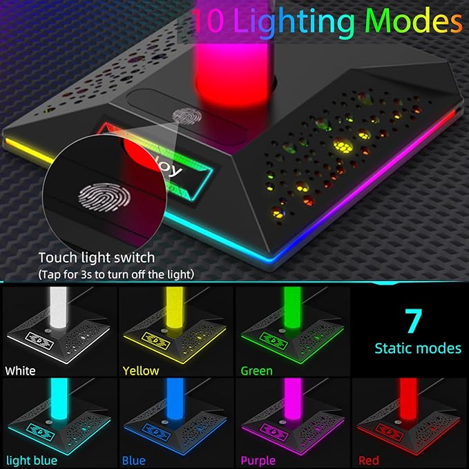 CybJoy RGB Headset Stand, Gaming Controller Stand with 2 USB and 1 Type-C Ports,10 Light Modes Headset Holder PC Gaming Accessories, Suitable for All Earphone Accessories, Gift for Boys Men Gamers